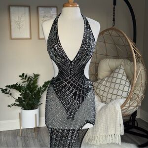 Fashion Nova Beverly Embellished Maxi Dress XS | Black Rhinestone Cut-Out Gown